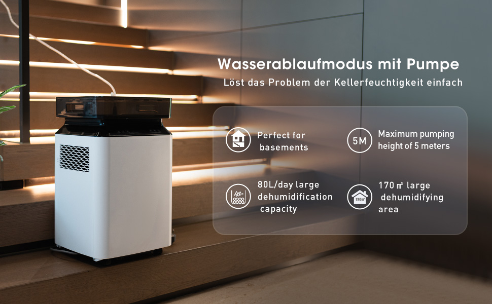 Електричний осушувач повітря з помпою: компресорний осушувач 80л/день, 8л бак, 400 м³/год, смарт гігростат, тихий, для підвалу/квартири/офісу/ванної кімнати/спальні, чорний & білий