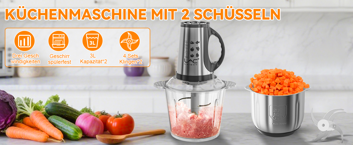 Електричний подрібнювач для кухні з 3L скляною та 3L нержавіючою чашею, 300W, 2-лезові сталеві ножі, 3 швидкості, придатний для миття в посудомийній машині, для фруктів, овочів, м'яса