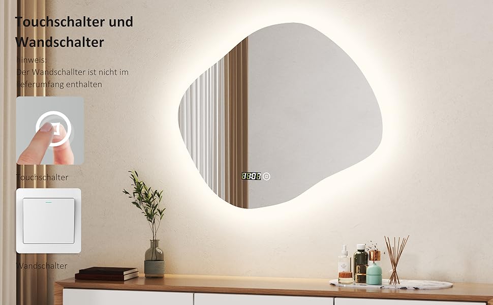 Дзеркало для ванної кімнати з підсвічуванням та годинником Boromal 50x70 см, 3 кольори світла, диммування, LED, сенсорне управління