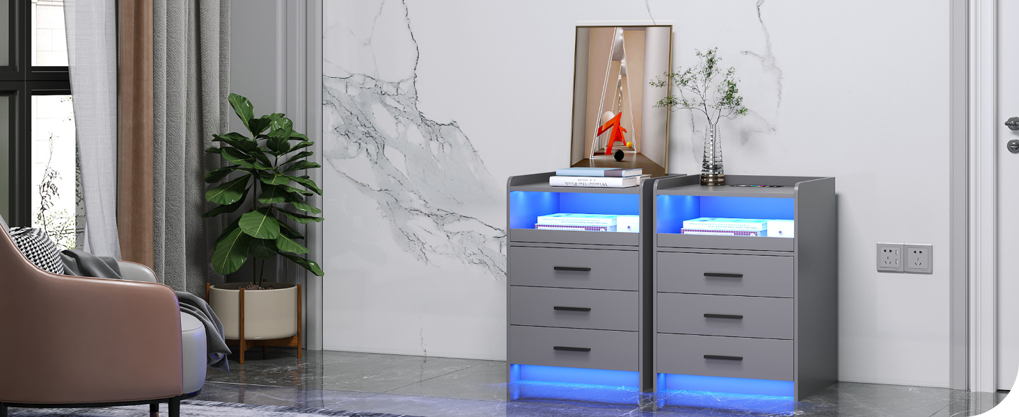 Нічний столик FREDEES з LED-підсвічуванням, ящиком та зарядкою, сірий (2 шт.)