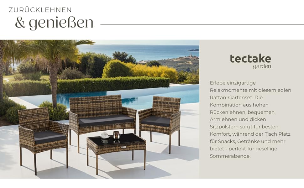 Набір садово-розкладних меблів tectake® з ротангу: банкетка, 2 крісла, столик, подушки, для балкона/тераси