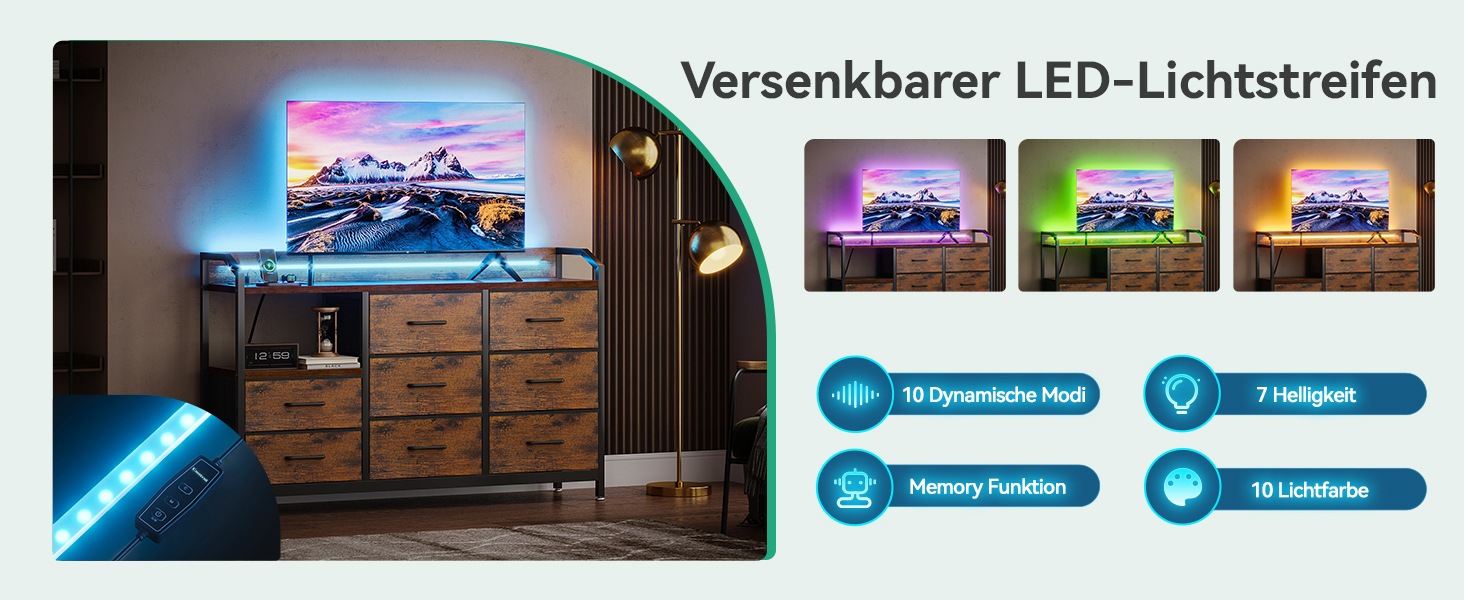 Комод ODK з висувними ящиками та LED-підсвіткою, 10 кольорів, 2 USB та 2 розетки, 8 тканинних ящиків, для вітальні/спальні, 110x30x88 см, вінтажний стиль