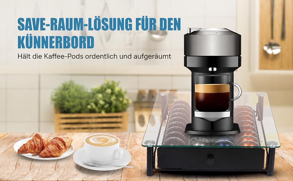 Тримач для капсул Nespresso Vertuo з загартованого скла, органайзер для зберігання 40 капсул VertuoLine (Next & Plus), протиковзаюча шухляда, чорний