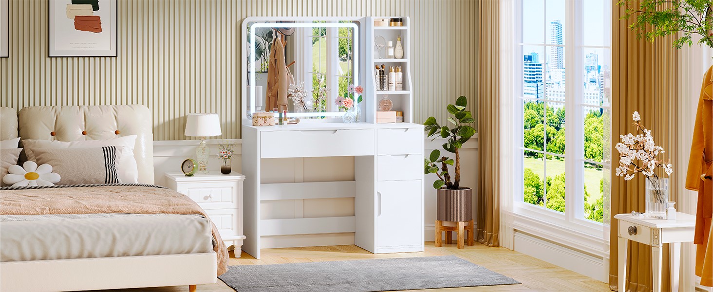 Білий туалетний столик для макіяжу з LED-підсвічуванням та дзеркалом | 3 ящики, 3 полиці, шафка | Столик для макіяжу для спальні