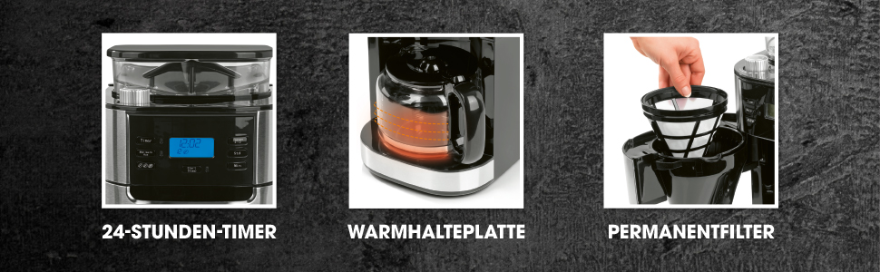 Кавомашина Barista Filterkaffeemaschine з регульованим млинком та скляною колбою | Функція підігріву, таймер 24 год та постійний фільтр | Для 10 чашок кави | Кавомашина для зерен та меленої кави [Нержавіюча сталь] 6) Нержавіюча сталь - скляна колба - з млинком