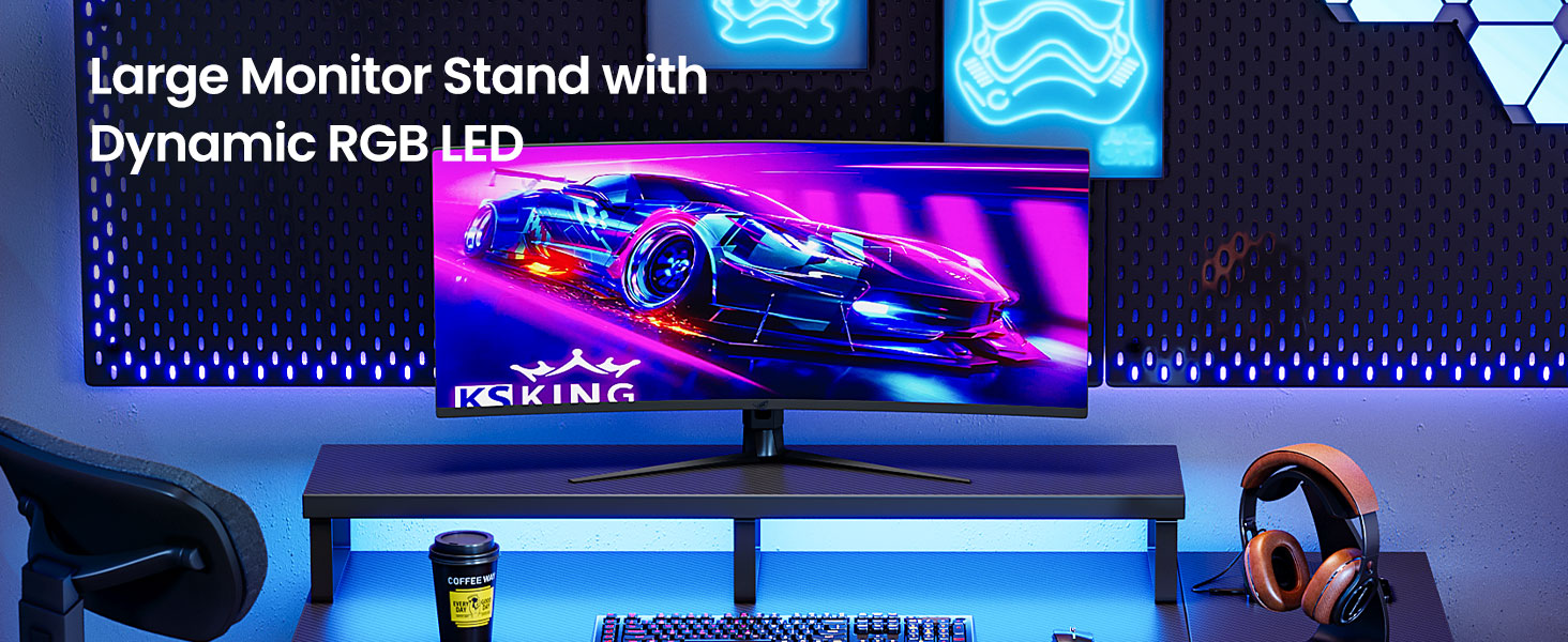 КубіКубі L-подібний кутовий стіл 105x80 см з LED підсвіткою та розетками, чорний. Стіл для ігор, навчання, офісу, з підставкою для монітора.