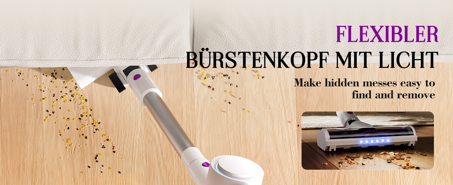 Бездротовий акумуляторний пилосос 45000 Па, 60 хв, 1,75 кг, 6-в-1 з сенсорним екраном, LED-підсвіткою, антизаплутувальною щіткою та зарядною станцією, 7-шарова фільтрація для шерсті тварин, килимів, твердих поверхонь, авто, білий з фіолетовим