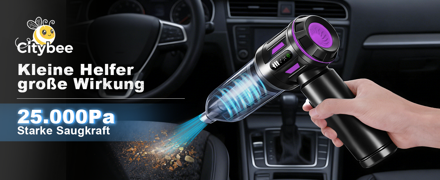 Акумуляторний ручний пилосмок Citybee 4 в 1, бездротовий міні-пилосмок для авто та дому, 25000Па, безщітковий двигун, 3 режими потужності, для шерсті тварин (Фіолетовий)