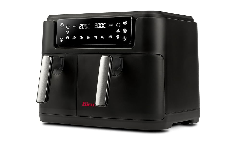 Аерофритюрниця Girmi FG26 Ecofrit Bis з двома зонами приготування, 9 л, 2400 Вт, цифровий дисплей, антипригарне покриття, чорна