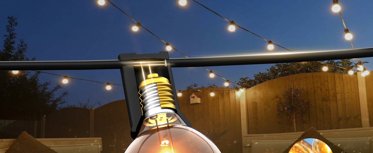 Ланцюжок прикрас для зовнішнього використання, 15м, з 25+2 LED-лампочками G40, тепле біле світло 2700K, IP65, вологостійкий, для саду, тераси, вечірок, чорний