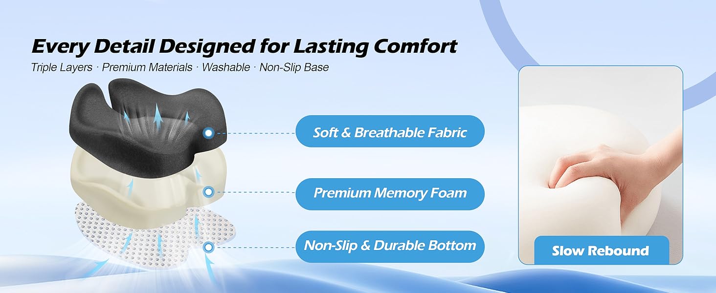 Подушка для офісного крісла Lofty Aim з піни Memory Foam: ортопедична, для попереку, від болю в сідницях, для офісу, авто, літака, інвалідного візка – чорний та темно-сірий