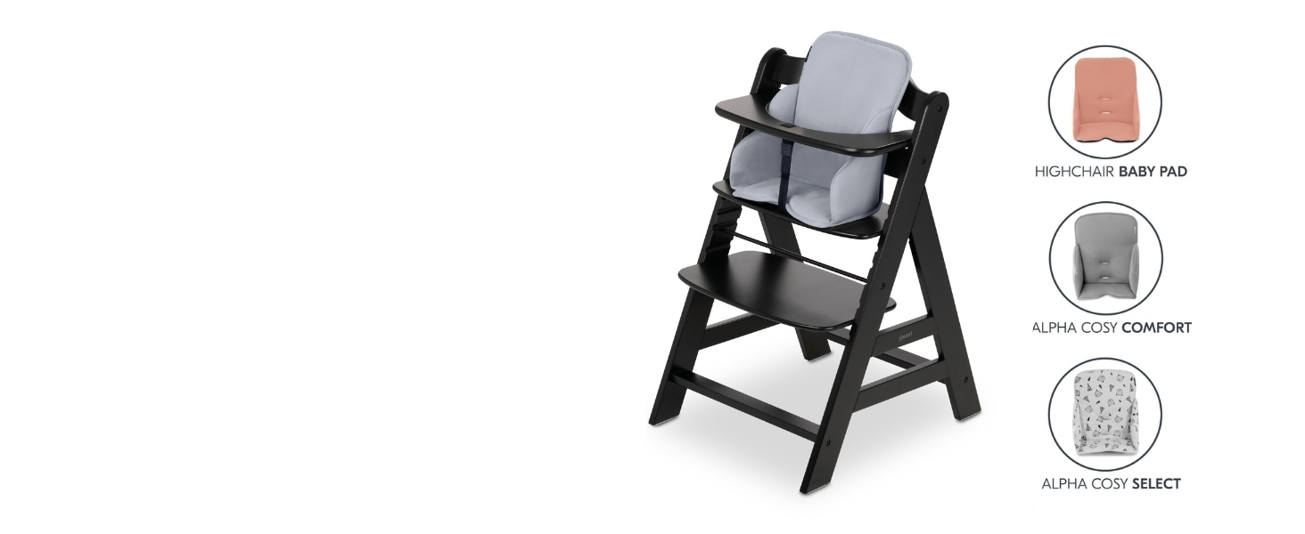 Високий стільчик для годування Hauck Alpha+ Newborn Set - з 2в1 гойдалкою. Дерев'яний стільчик для немовлят від народження, з м'якою подушкою та вкладишем для новонароджених (Classic, Чорний)