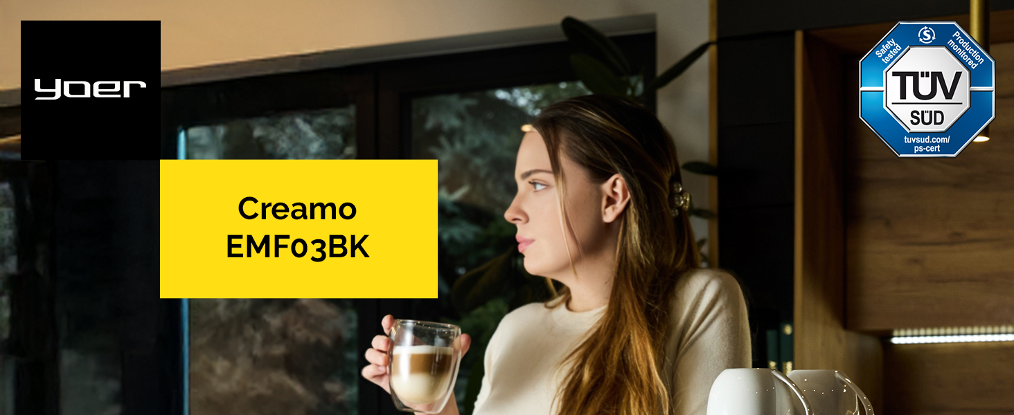 Кавомашина автоматична Yoer Creamo EMF03BK з молочною системою, 8 програм, сенсорний екран, 20 бар, 1350 Вт, капучинатор, для еспресо, капучино та лате, чорна