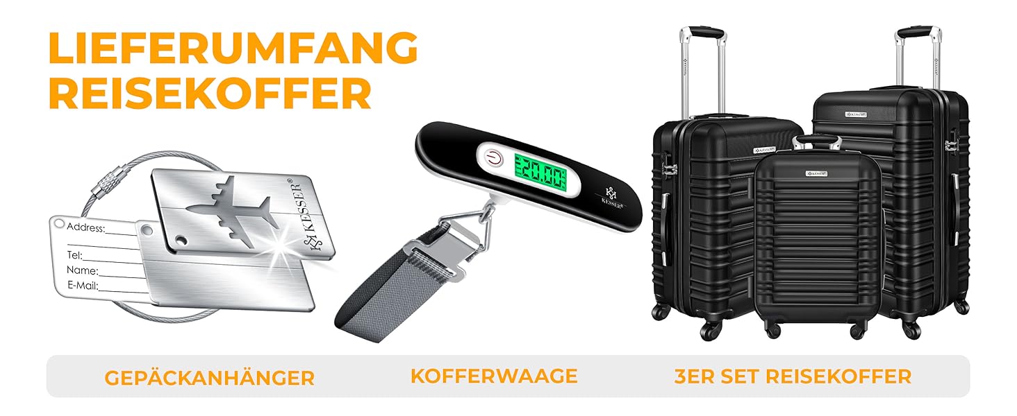 Набір валіз KESSER® 3шт з ABS-пластику: велика, середня, маленька. Валіза-тележка з замком, коліщата 4 шт., ваги в комплекті. Чорний колір.