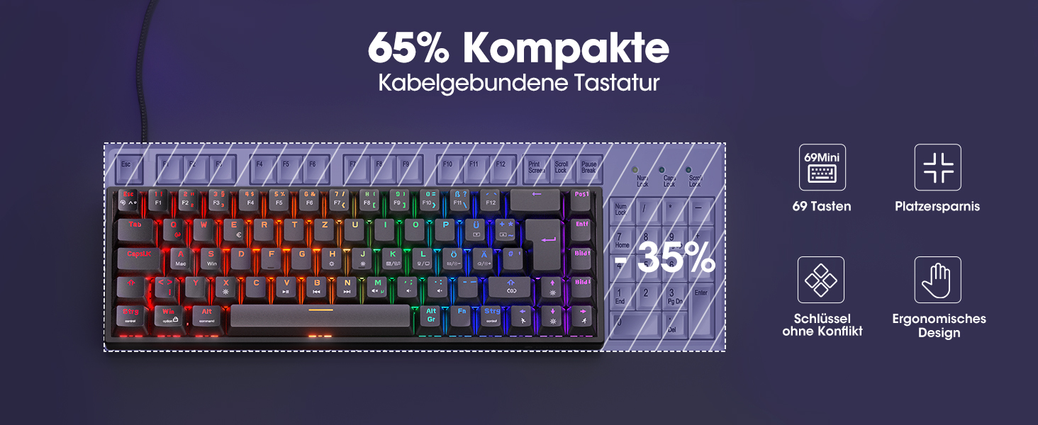 Механічна клавіатура KOORUI для геймінгу: бездротова/провідна, Bluetooth, 82 клавіші, QWERTZ (німецька розкладка), 4000mAh, RGB, для Windows/MacOS/Linux