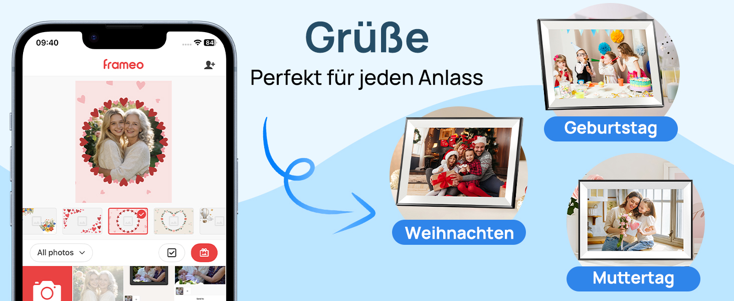 Цифрова фоторамка Frameo 10.1 дюймів WLAN, Full HD IPS сенсорний екран 1280x800, 32GB пам'ять, автоматичний поворот, можливість монтажу на стіну, керування через додаток Frameo (Чорна з білою рамкою)
