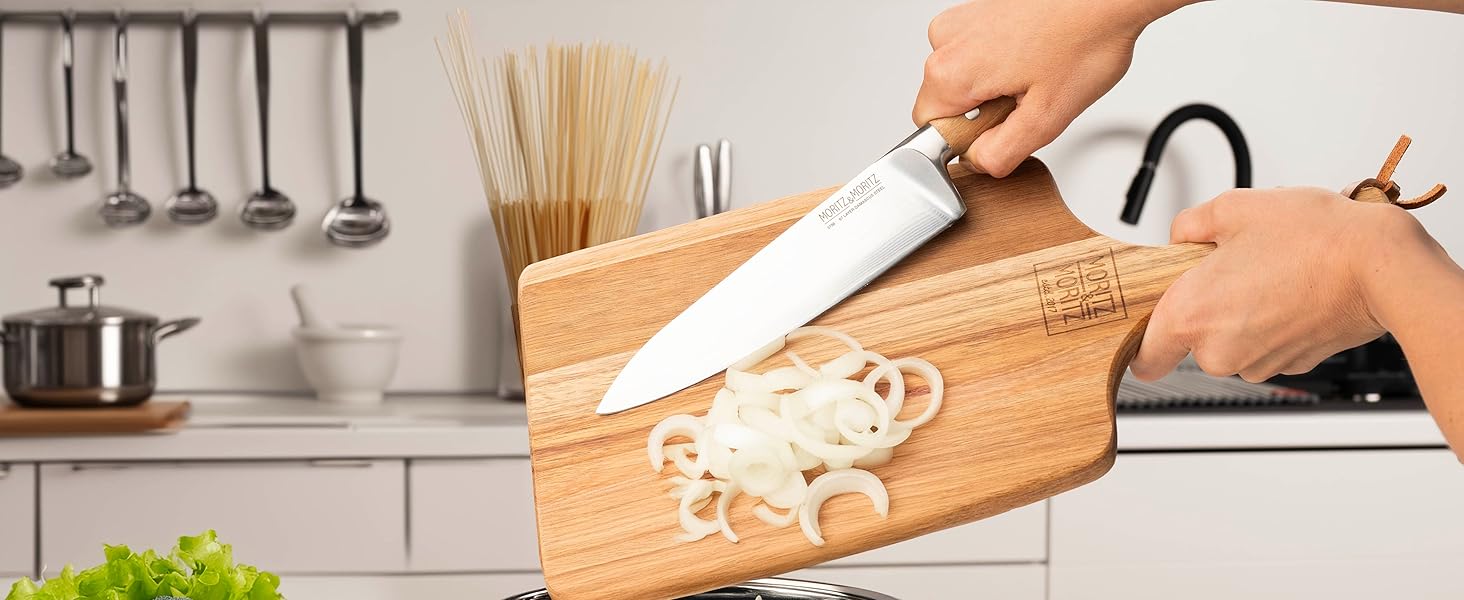 Ніж кухарський Moritz & Moritz Damastmesser 20 см - професійний ніж з дамаської сталі 67 шарів - кухонний ніж з ергономічною ручкою з акації
