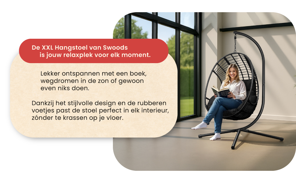 Крісло-гойдалка Swoods XXL з металевим каркасом - для дому та вулиці, з подушкою - яйцеподібне крісло, до 150 кг (темно-сірий)