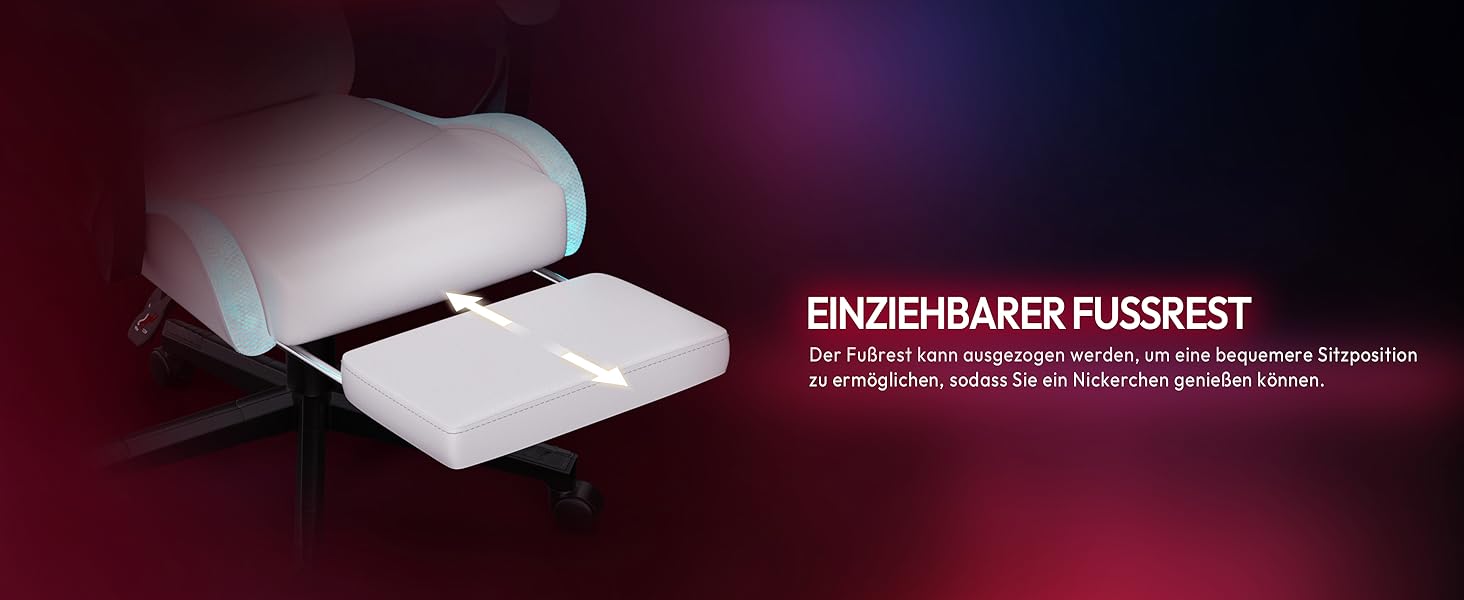 Ігровий крісло Dowinx з RGB підсвічуванням, LED, з підніжкою, для дорослих, ергономічний, з масажем попереку, з PU шкіри, білий