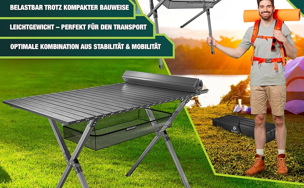 Складаний столик KESSER® для кемпінгу з алюмінієвим каркасом, регульована висота 90x53 см, до 100 кг, з сумкою та сітчастою кишенею (145x70 см, антрацит)