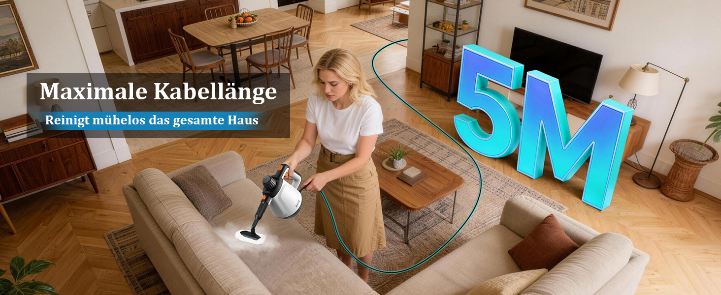 Портативний пароочисник 110°C: ефективне очищення, універсальний пристрій з 10 насадками та 5м кабелем. Ідеально для диванів, килимів, швів та видалення жиру. Колір: білий