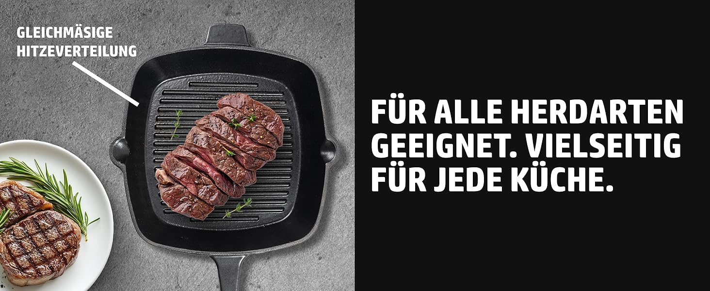 Сковорода-гриль HENSSELERS® з чавуну [26 см] для всіх типів плит та духовок, включаючи газові та індукційні плити. Антипригарна сковорода для стейків. Чотирикутна чавунна сковорода для гриля