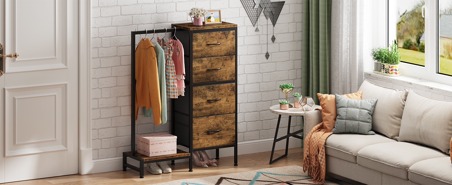 Комод 111 см з 4 висувними ящиками з тканини, з вішалкою, для спальні, вітальні, передпокою, дерев'яний, подарунок