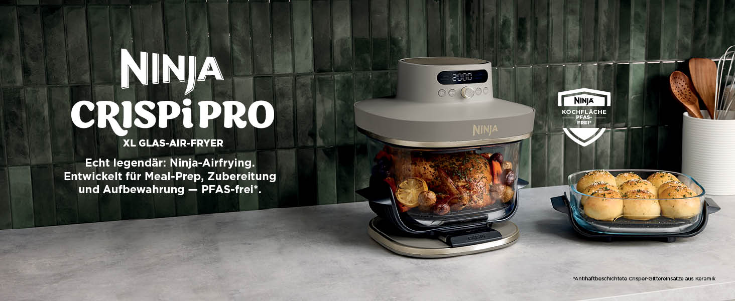 Скляна аерофритюрниця Ninja CRISPi PRO XL Air Fryer з 5 функціями, контейнерами CleanCrisp (5,7 л та 2,3 л) та кришкою для зберігання, AS090EUGN (Stone Gold)