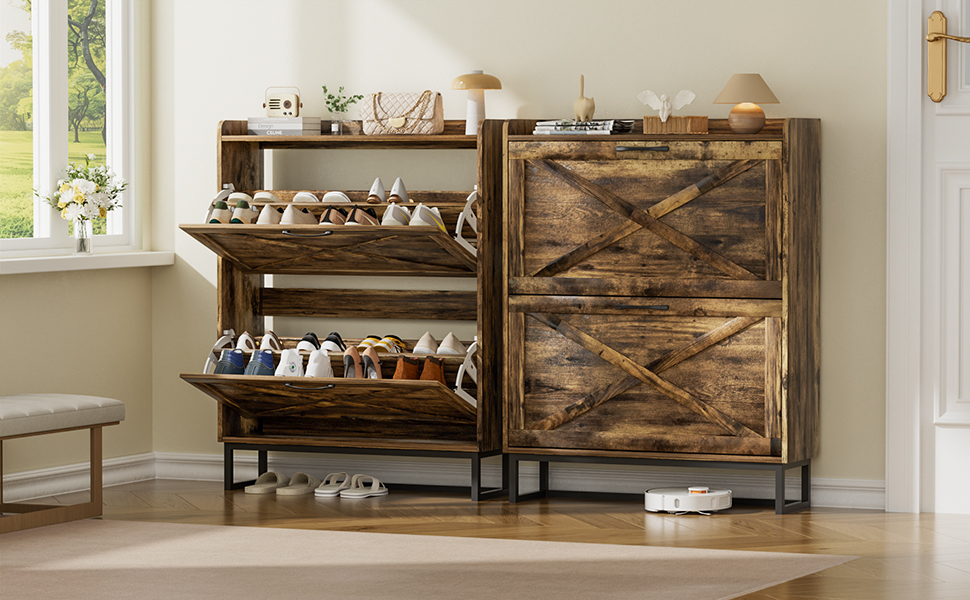 Шафа для взуття з 2 відкидними дверцятами, полиця для взуття в передпокій, вузька шафа-кіпер для взуття з 4 полицями, тумба для взуття з металевими ніжками, органайзер для взуття з дерева для стіни, 80x23,8x101,7 см, Білий (Коричневий)