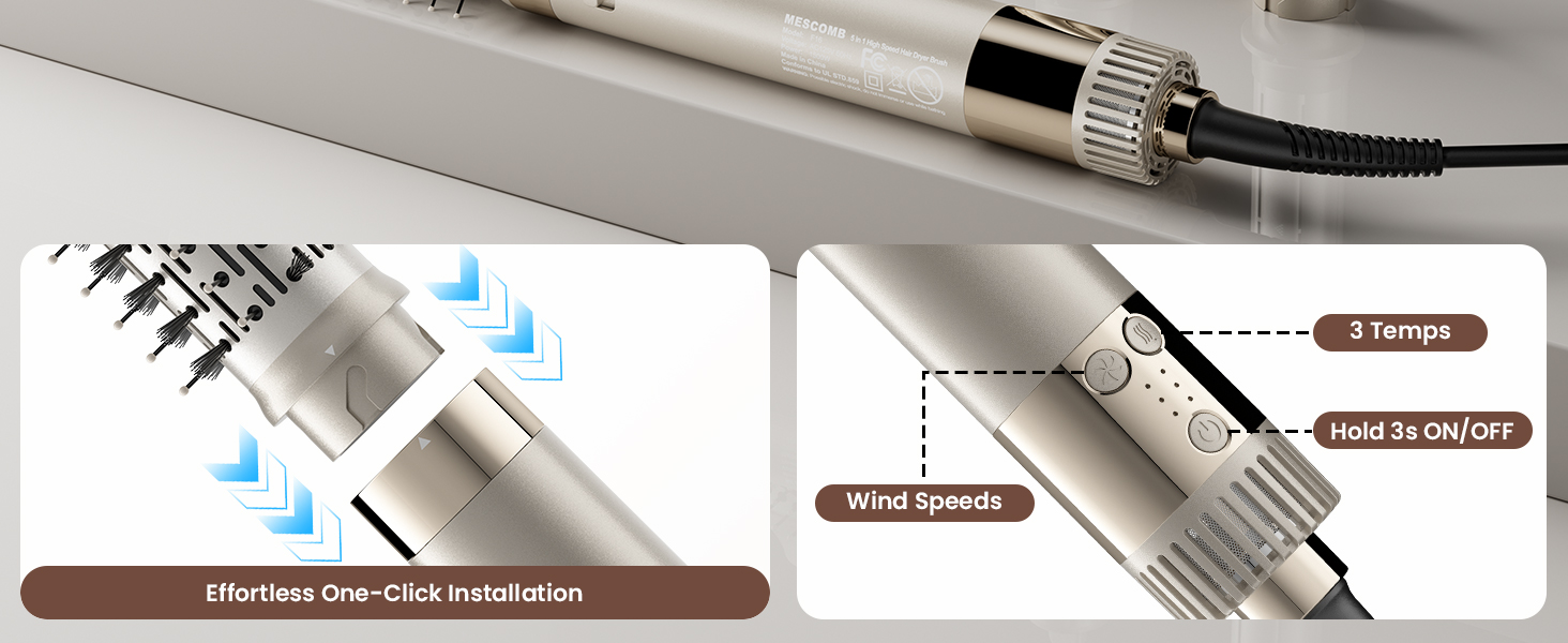 Мультистайлер для волосся 5 в 1 MESCOMB: високошвидкісний фен, круглий брашинг та автоматичний курлер для об'єму, локонів і випрямлення, колір шампань-золото