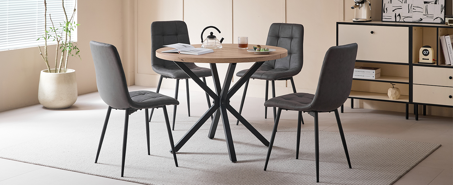 Обідній комплект на 5 персон: круглий стіл 100 см та 4 стільці (голландський фліс). Підходить для кухні, вітальні, балкону, ресторану, офісу. Темне дерево + світле дерево (темно-коричневий)