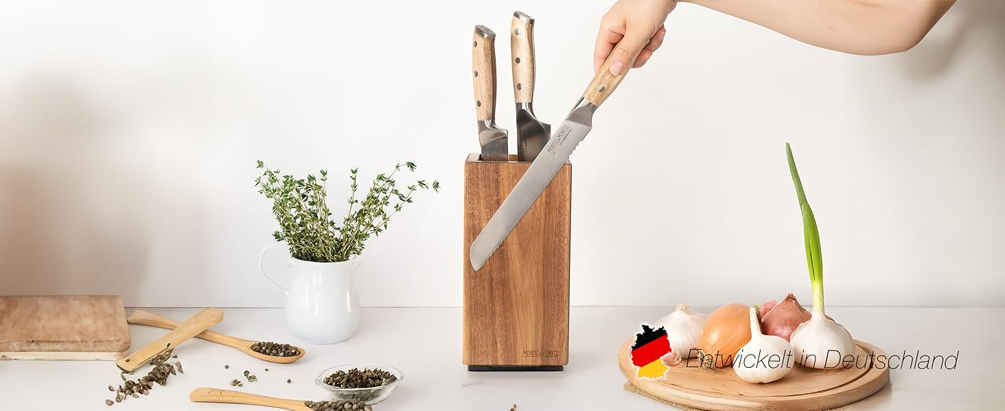 М'ясний блок Moritz & Moritz Akazie, поворотний на 360°, з магнітним утримувачем та знімним вкладишем з щетиною – зручний підставка для ножів на кухню, без ножів