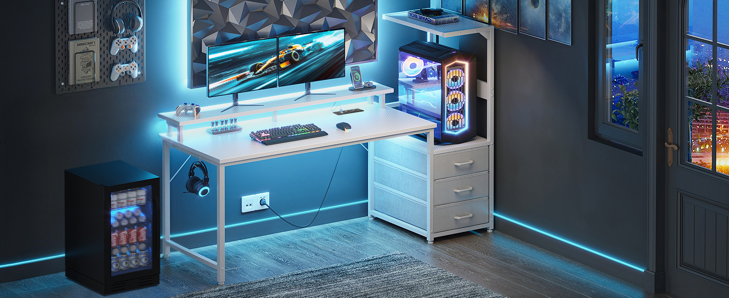 Ігровий стіл Coleshome з шухлядами, 151x50 см, з LED-підсвічуванням та розеткою, з полицями та підставкою для монітора (карбонове волокно)