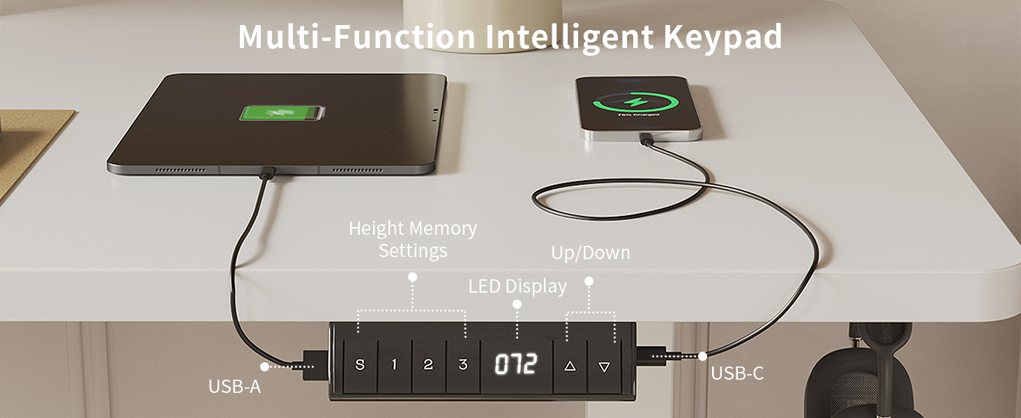 FEZIBO Стол письмовий регульований по висоті, 120 x 60 см, білий, з USB-портами