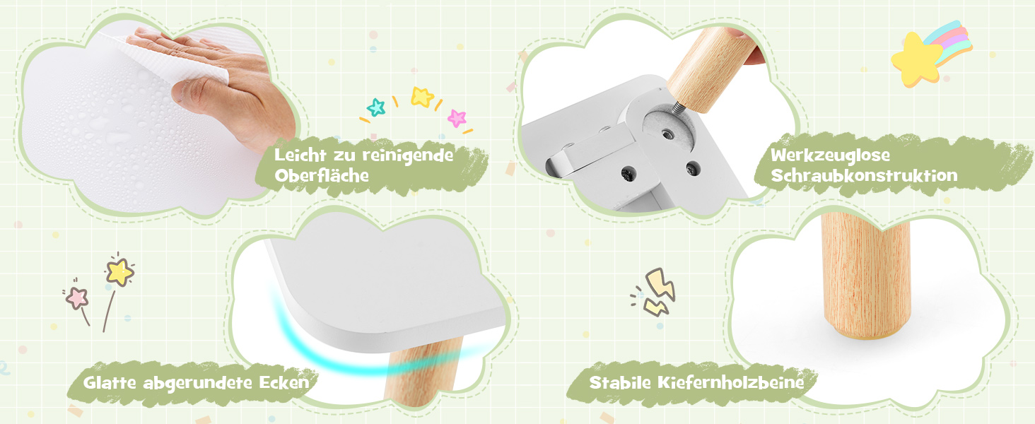 Дитячий стіл з 2 стільцями COSTWAY, 3 шт. - дитяча меблева група з масивних ніжок та спинка у вигляді вушок кролика, квадратний ігровий стіл, меблі для дітей 3-6 років (білий)