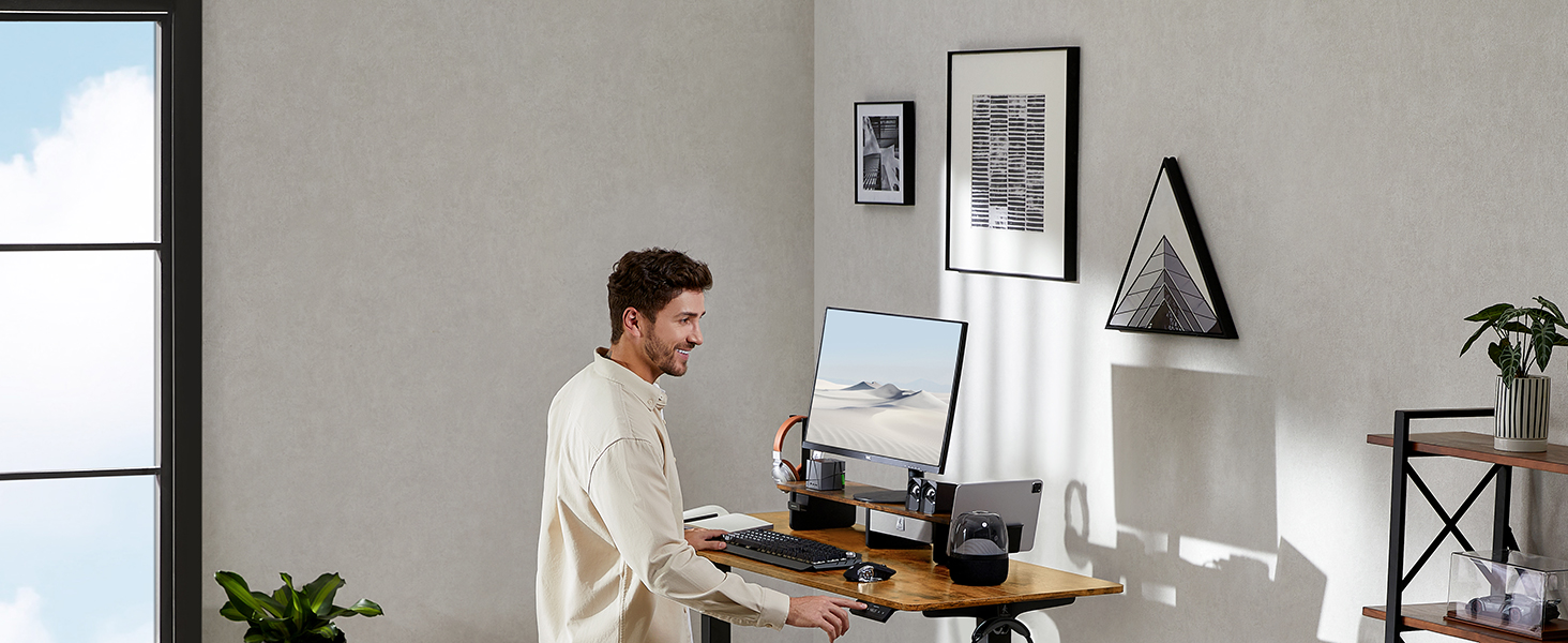 Електричний регульований стіл WALKINGDESK 100x60 см з ящиками, підставка для монітора та тримач для телефону. Для дому та офісу. Колір: рустикальний коричневий