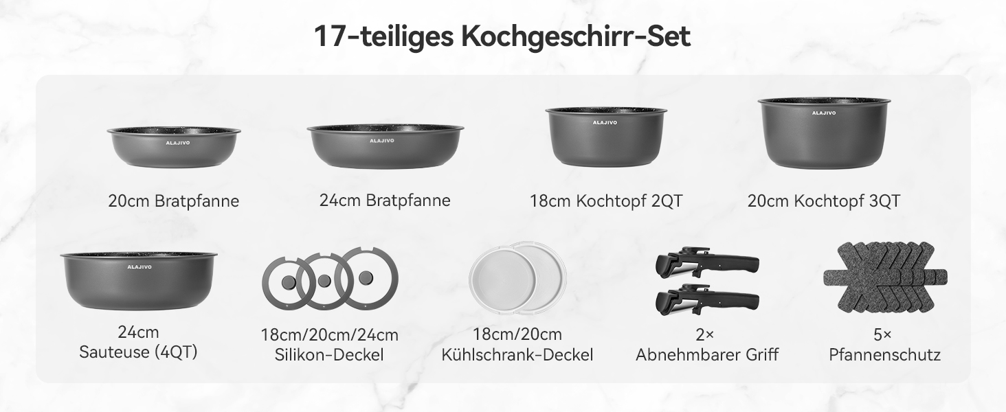 Набір посуду 17 частин з знімним ручками, антипригарне покриття, для всіх типів плит, включаючи індукційні, сумісний з духовкою (сірий)
