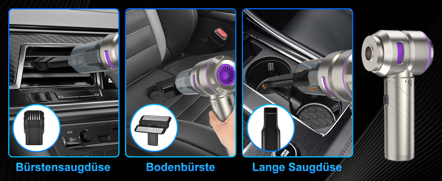 Бездротовий ручний автомобільний пилосос 4 в 1, потужність 18000Па, безщітковий мотор 200 000 об/хв, 3 рівні всмоктування для авто, дому та шерсті тварин, сріблястий
