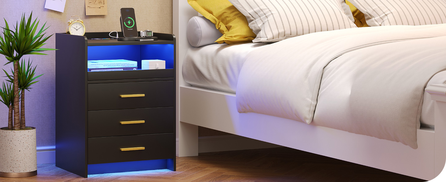 Нічний столик FREDEES з LED-підсвічуванням, ящиком, зарядкою та датчиком руху, сірий (2), чорний