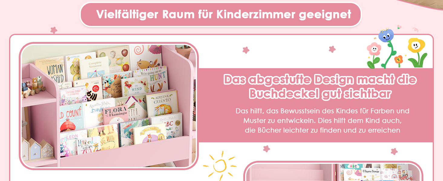 FOREHILL Дитяча полиця-стеллаж для іграшок та книг з 6 ящиками, 119 x 29,5 x 94 см, білий (рожевий)