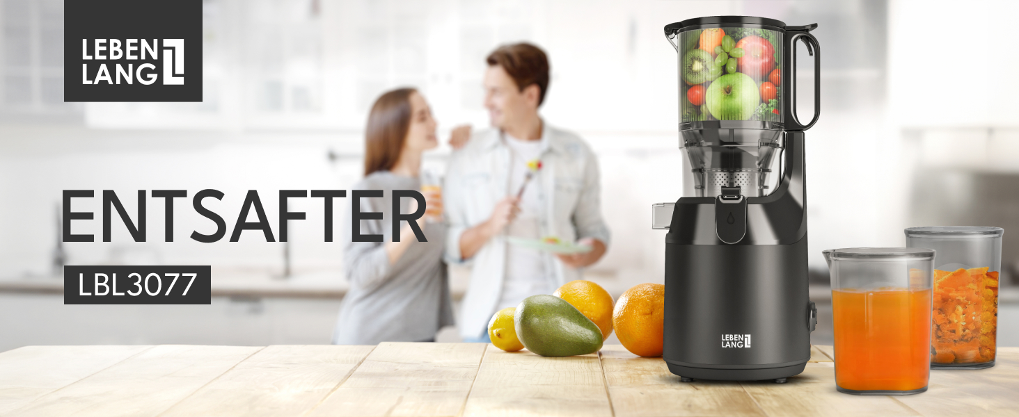 Електричний соковитискач LEBENLANG Slow Juicer з рецептами та великим соковидом 135 мм | Для фруктів, овочів, без BPA | Saftpresse | Green Press