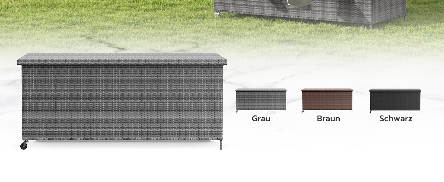 Водонепроникний садовий ящик для зберігання UDPATIO 480л з колесами, сірий 138x61 см | Ящик для подушок, стійкий до УФ-випромінювання та погодних умов для саду, балкону
