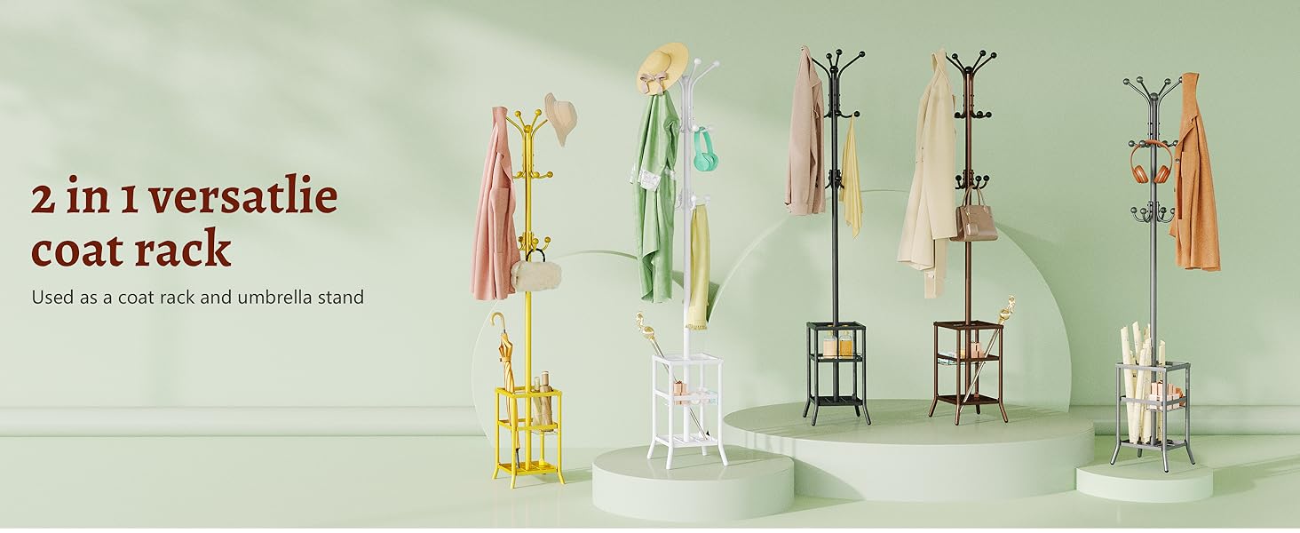 Настінна вішалка для одягу FAVOOSTY з підставкою для парасольки, 12 гачків, стійка для пальто, вішалка для одягу в вітальню, спальню, срібна (білий)