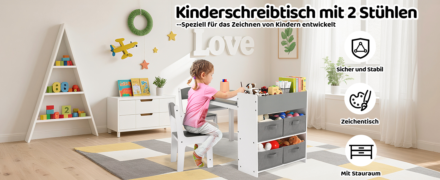 Дитячий стіл Mamizо з 2 стільцями, стіл для малювання та рукоділля, комплект меблів у дитячу кімнату, ігровий стіл з місцем для зберігання для дітей від 3 років (сірий, білий)
