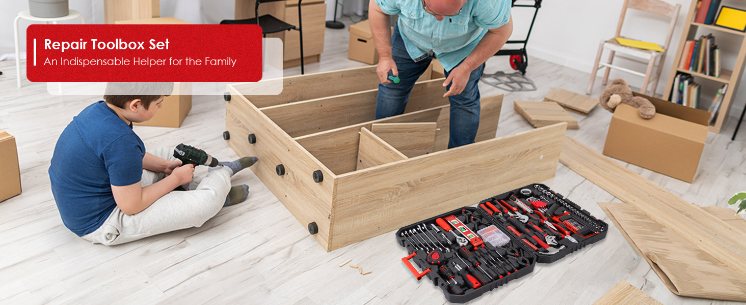 Набір інструментів TLGREEN 198 предметів у кейсі: побутовий, з тріскачкою, набором головок, викрутками – червоно-чорний