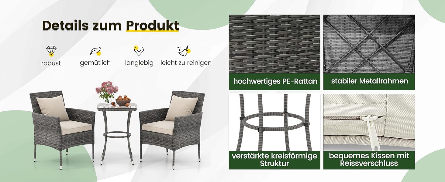 Набір садових меблів GIANTEX для балкона: стіл та 2 стільці з ротангу, комплект на 2 особи, з подушками (бежевий)