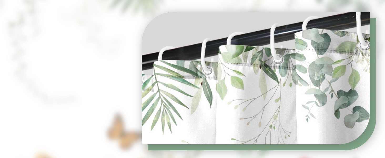 Штора для душу 180x220 см, Антигрибкова, з тропічним дизайном (пальмові листя, евкаліпт, гриби), водонепроникна, поліестер, для ванної кімнати, з 12 гачками, зелена