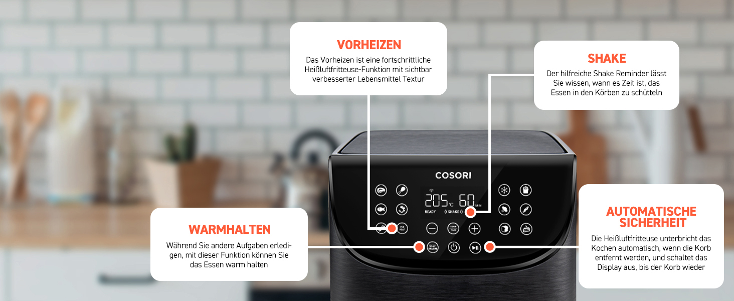 Фритюрниця та мультиварка COSORI з 13 програмами, 1500 Вт, мультипіч XL для 1-3 осіб, 100 німецьких буклетів з рецептами, цифровий екран одним дотиком, попередній розігрів і підтримання тепла, режим струшування