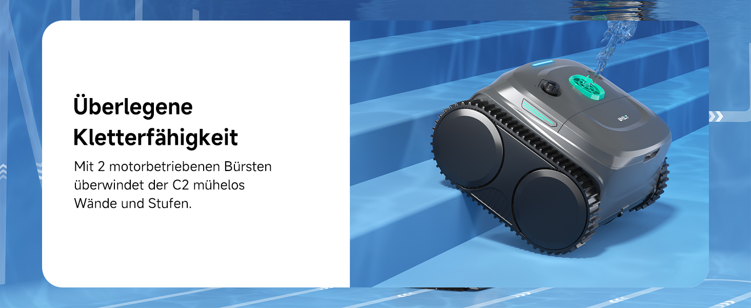 Робот-пилосос для басейну WYBOT C2: акумуляторний, для вбудованих басейнів до 150㎡, подвійне фільтрування, потужний мотор, чистка дна та стін, 180 хвилин роботи, керування через додаток (чорно-зелений-сірий)