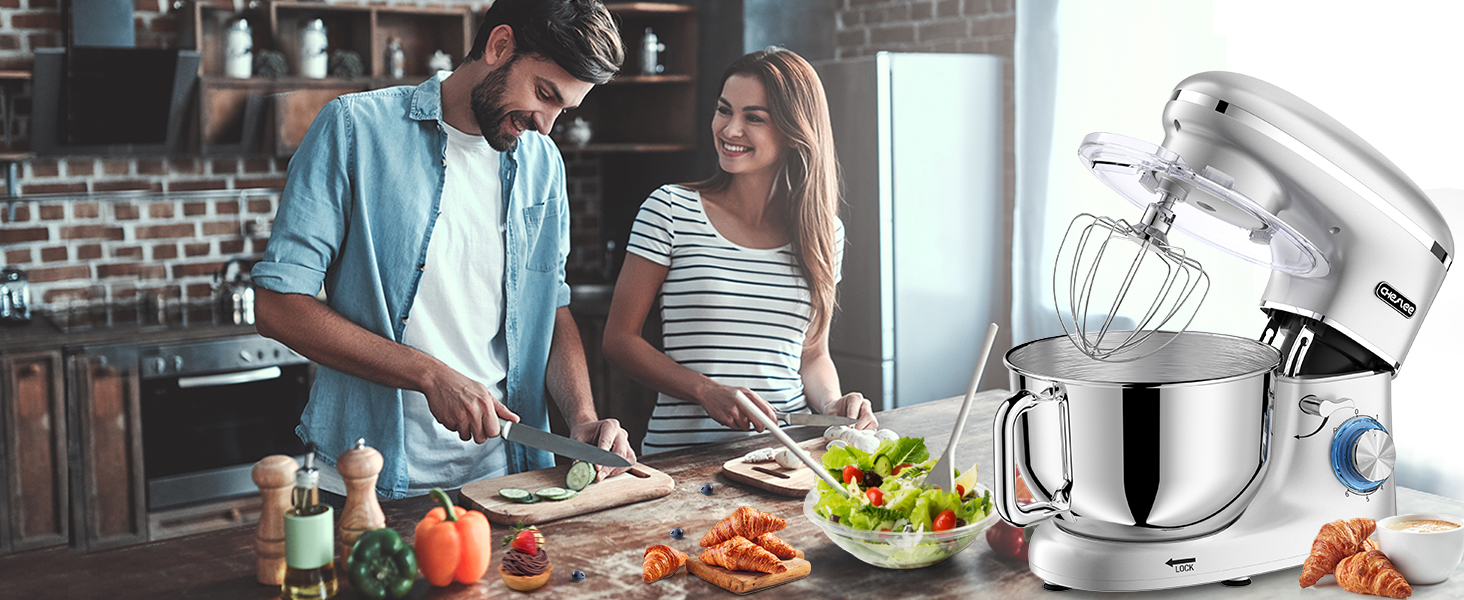 Кухонна машина Cheflee 2000W з місткою чашею 6.2L з нержавіючої сталі, 6 швидкостей, низький шум, набір насадок (міксер, гак для тіста), захист від бризок